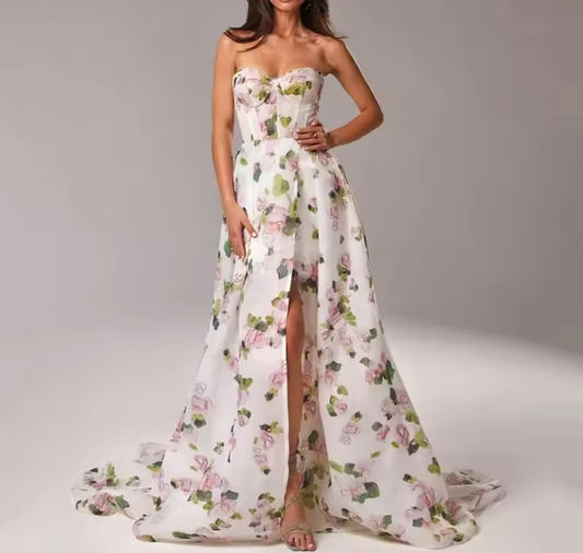 Floral Corset High-Slit Gown with Train – Romantic Strapless Maxi Dress