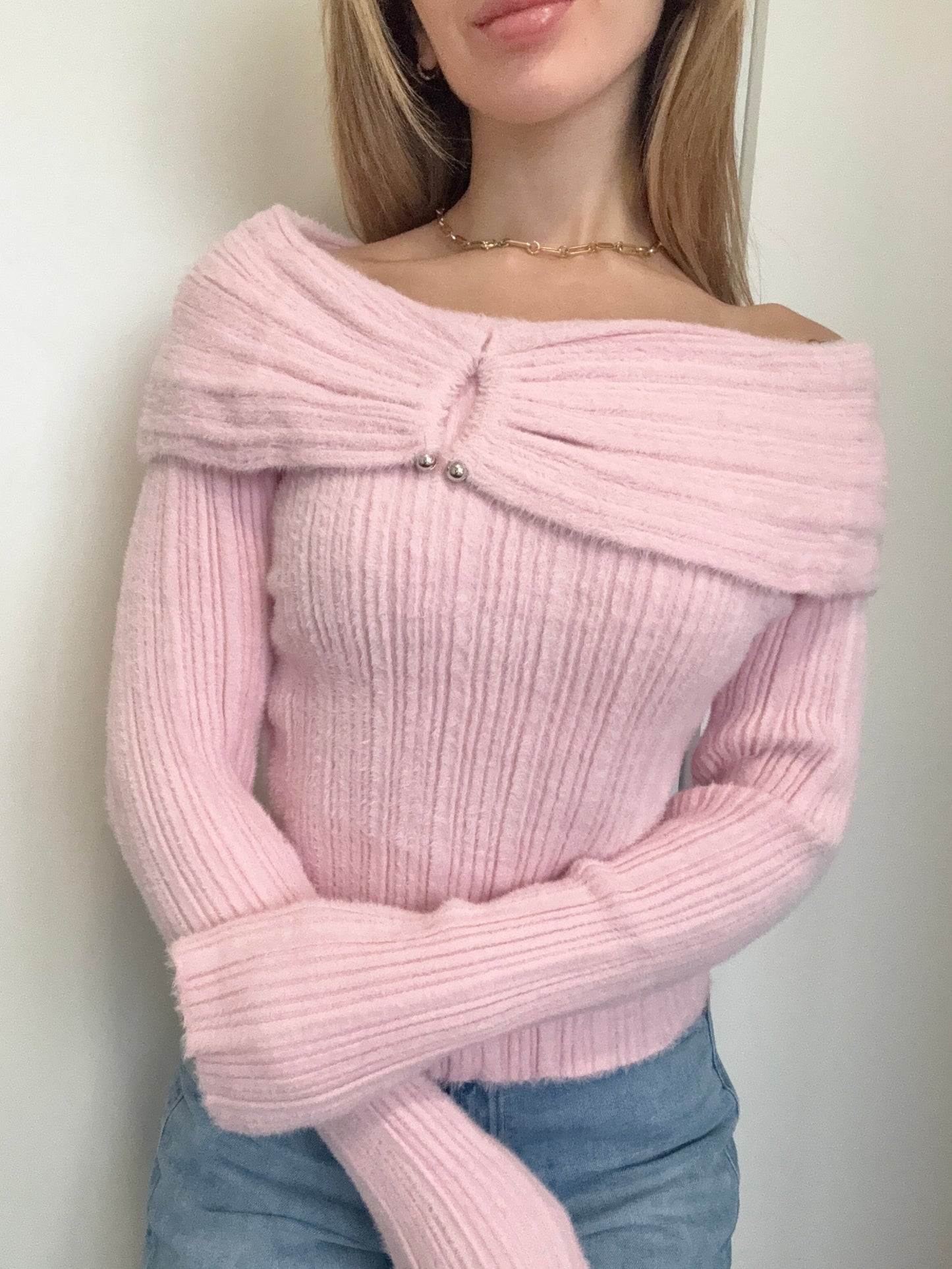 Off shoulder-Pink- Sweater