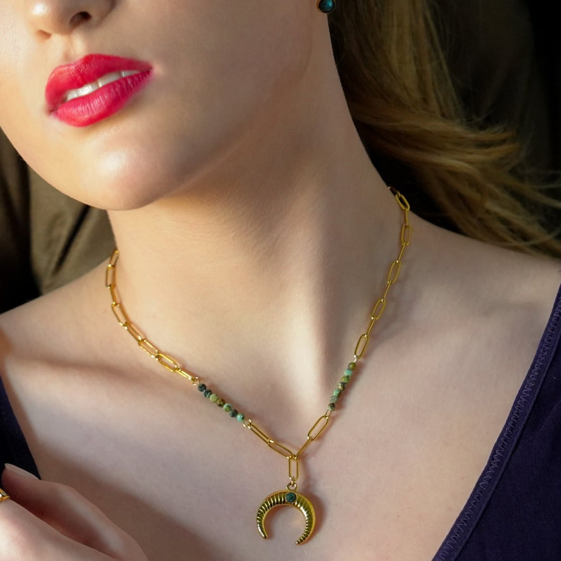LILLE: Boho-Chic African Turquoise Natural Stone Crescent Moon Pendant Gold Necklace