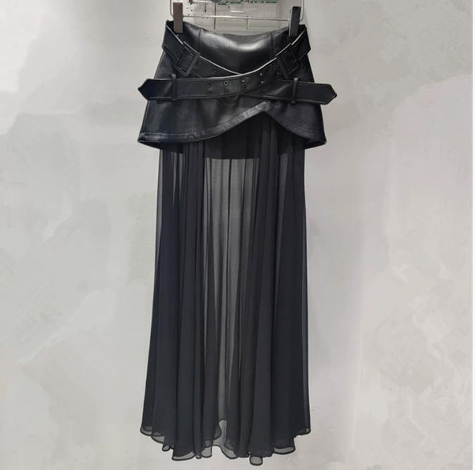 Structured Leather Mesh Skirt